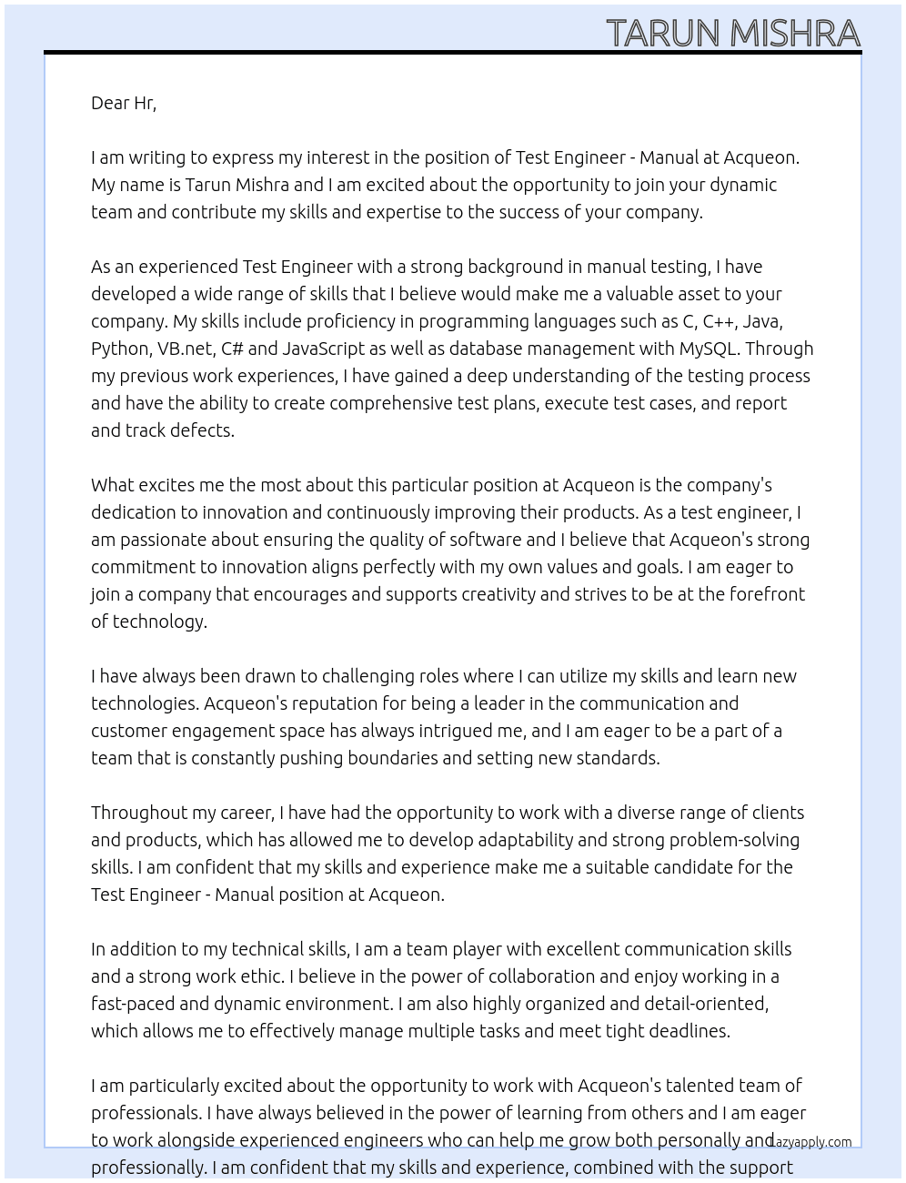Test Engineer - Manual At Acqueon Cover Letter