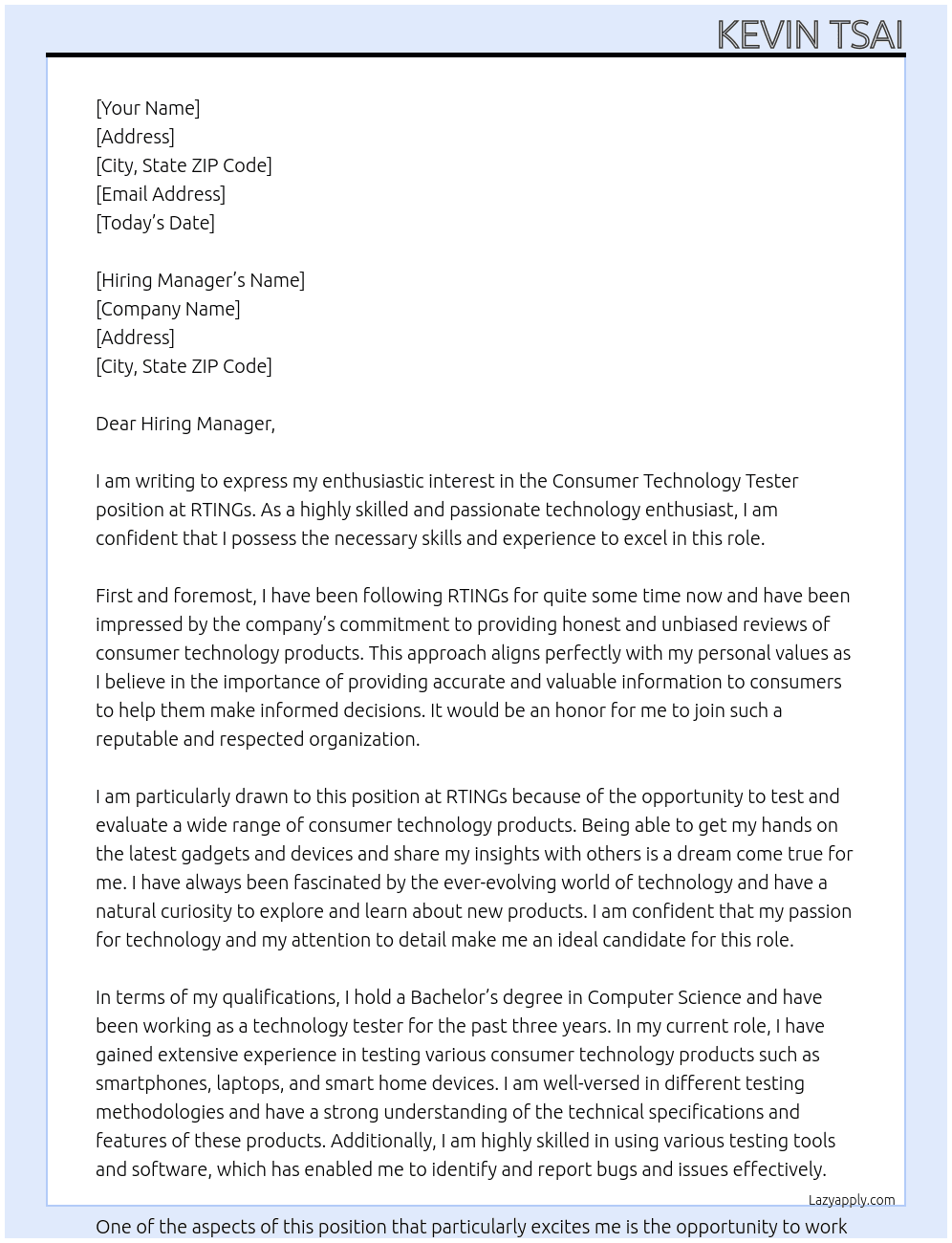 Consumer Technology Tester At RTINGs Cover Letter