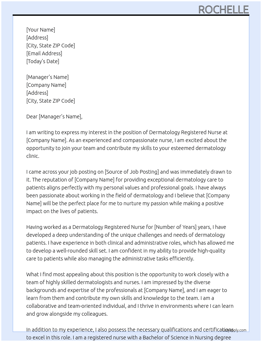 Dermatology Registered Nurse At Dermatology Clinic Cover Letter