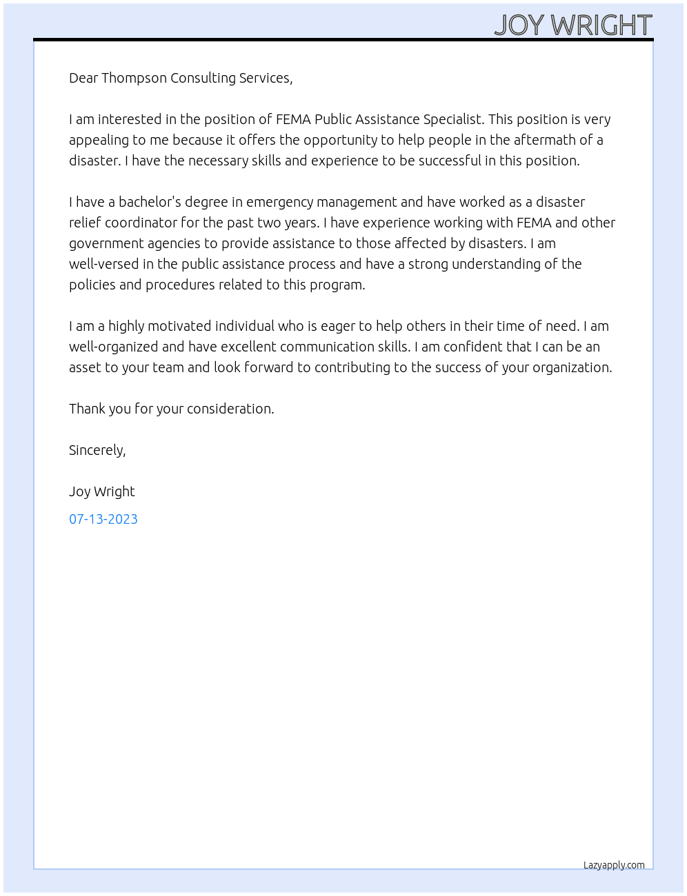 FEMA Public Assistance Specialist At Thompson Consulting Services Cover Letter