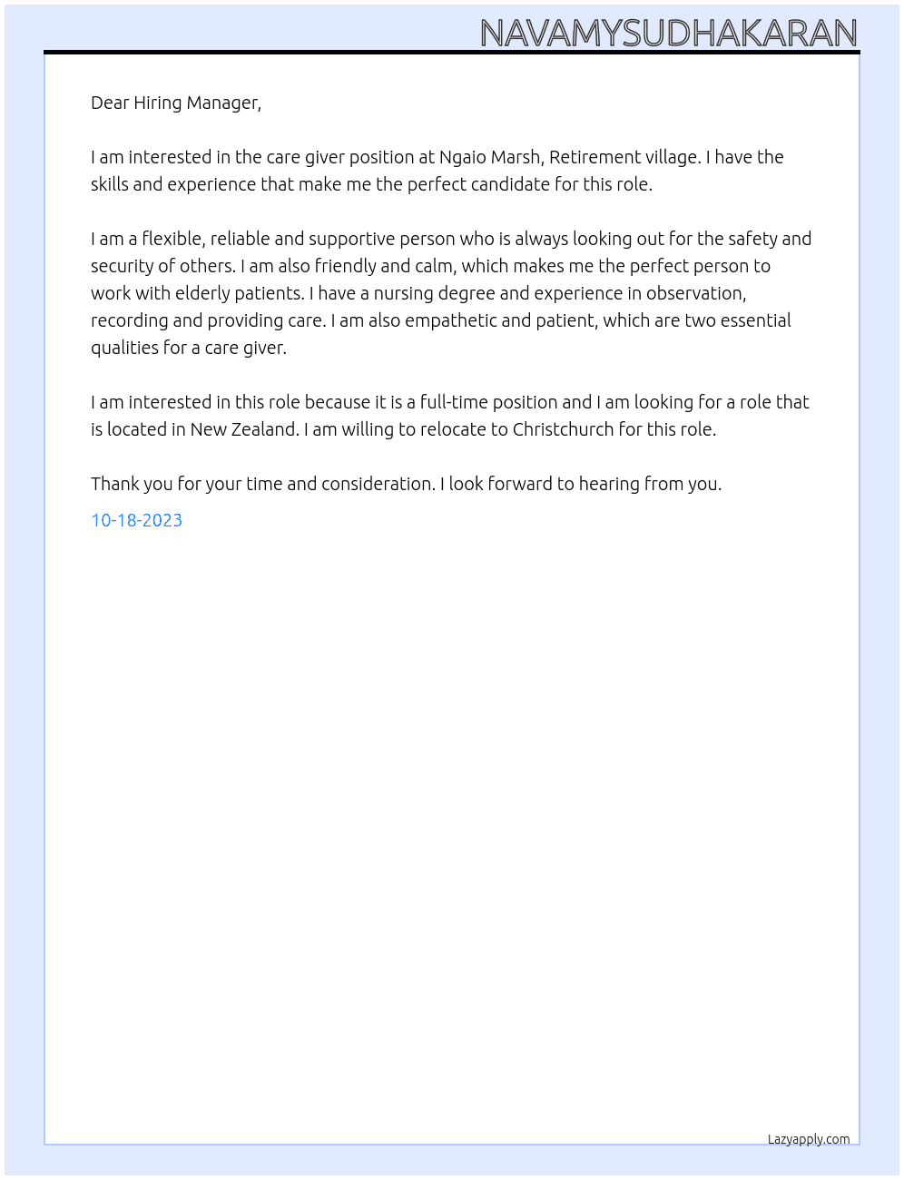 Care giver At Ngaio Marsh, Retirement village, Christchurch Cover Letter