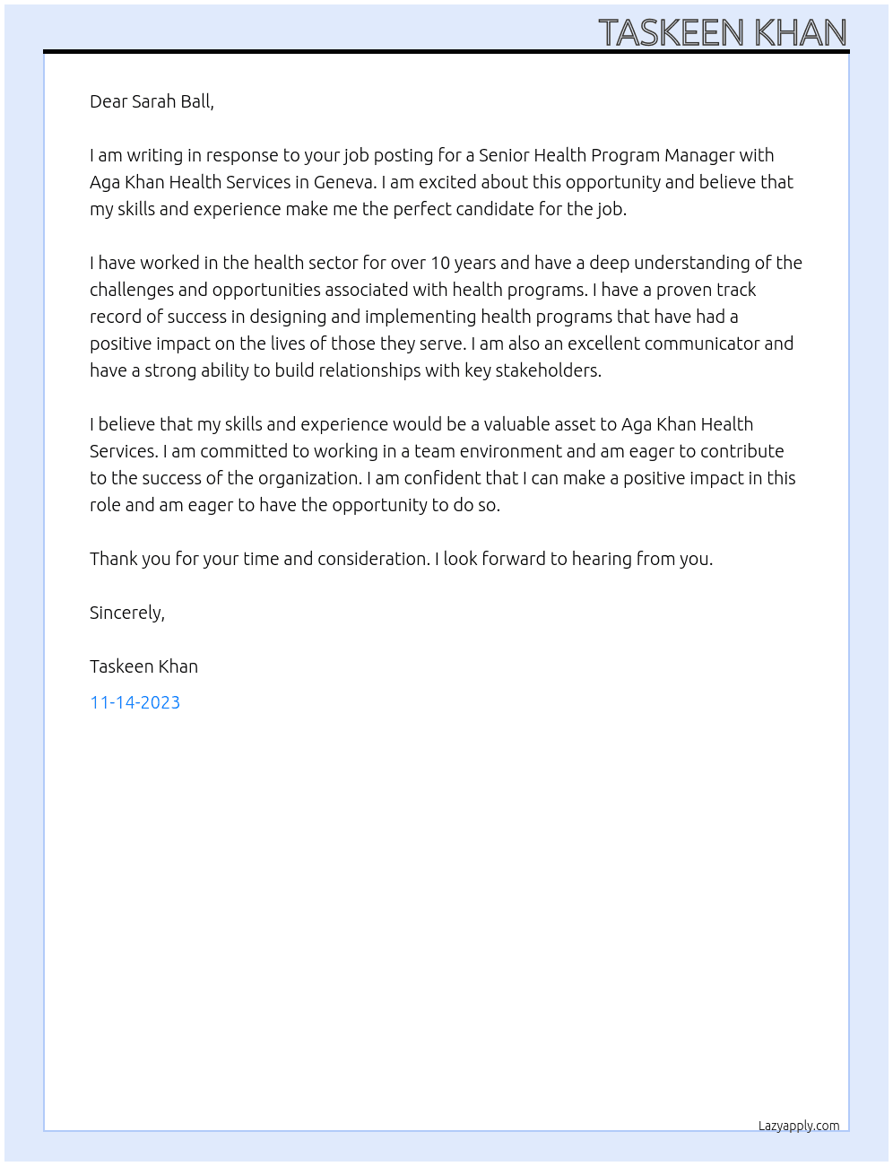Senior health program manager At Aga Khan Health Services, Geneva Cover Letter