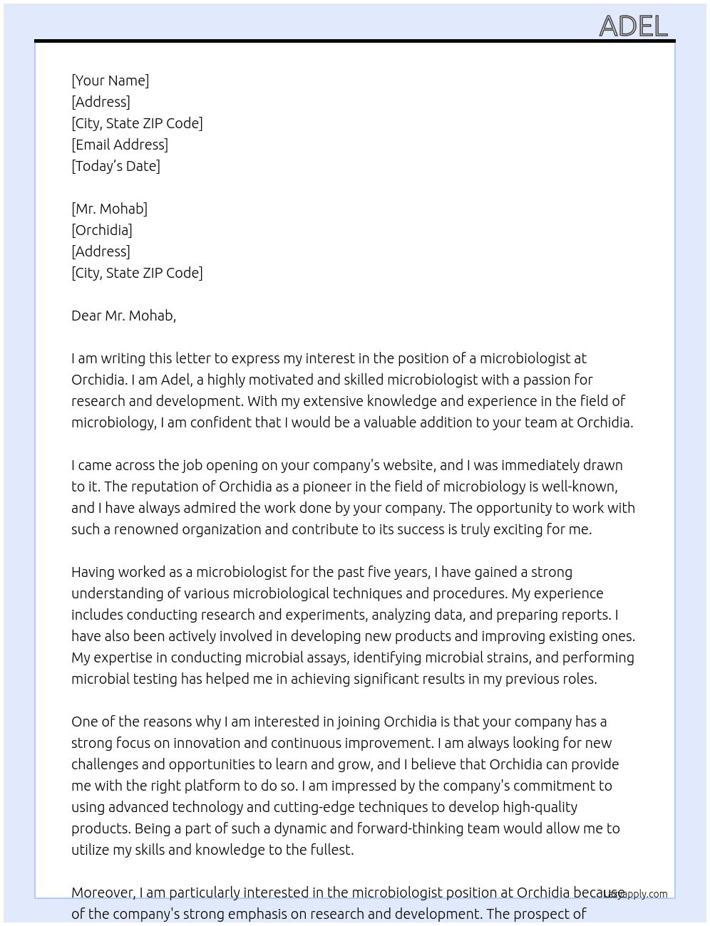microbiologist At orchidia  Cover Letter