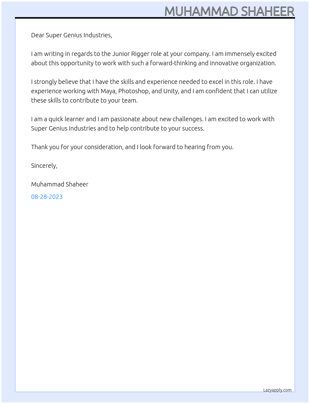 Junior Rigger At Super Genius Industries Cover Letter