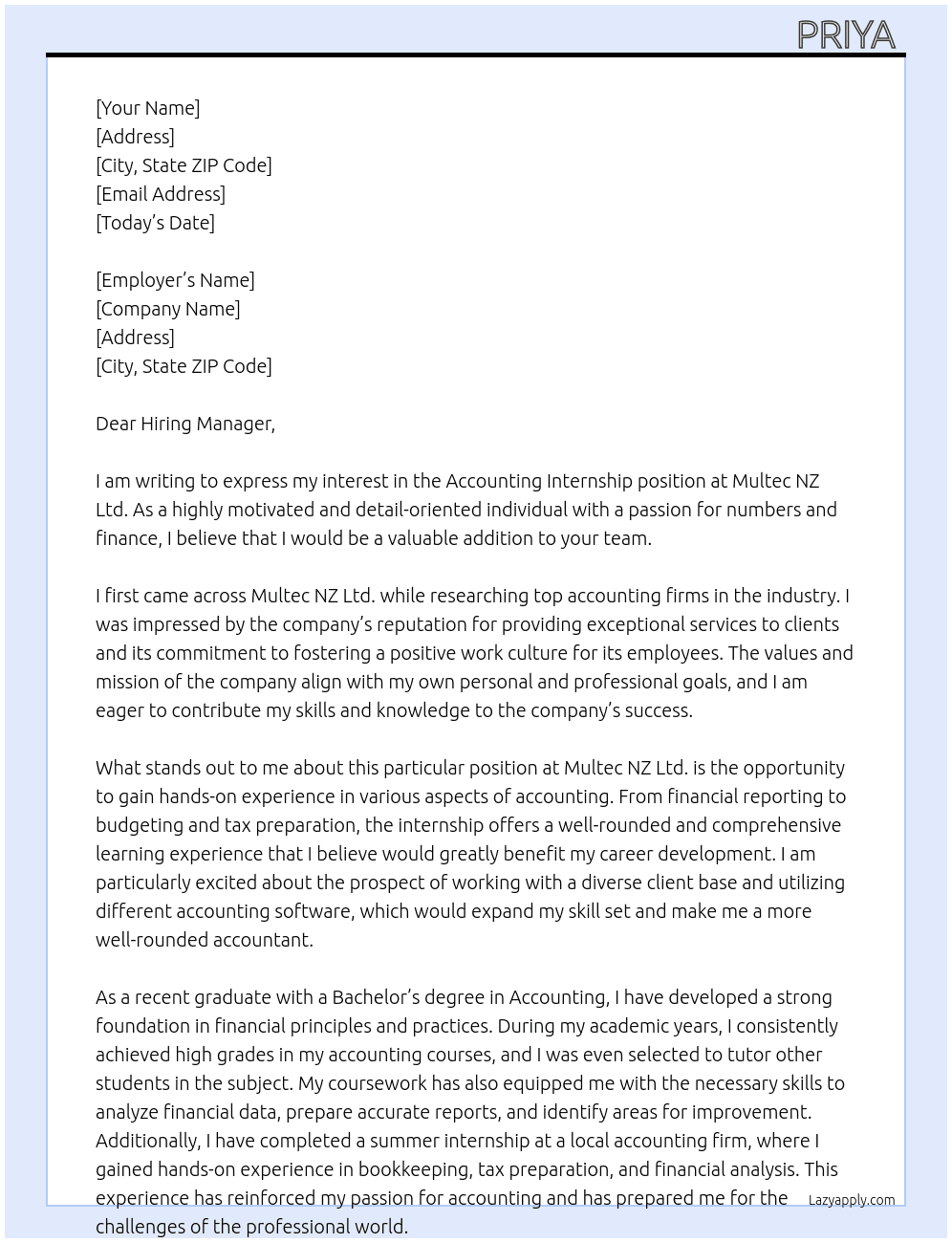 accounting internship At Multec NZ ltd. Cover Letter