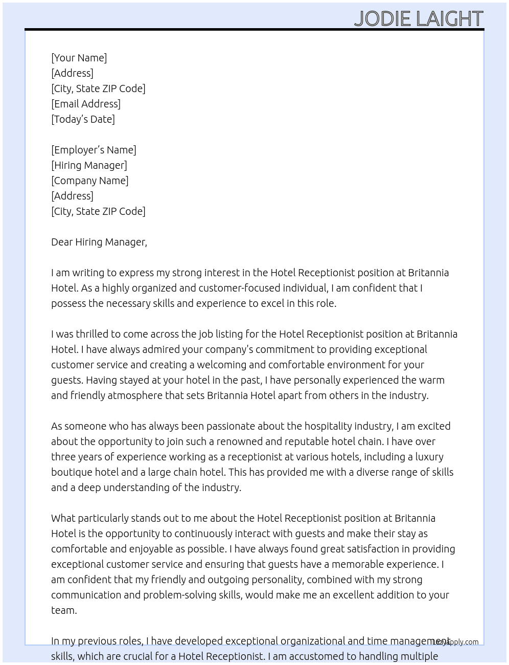 Hotel Receptionist  At Britannia Hotel Cover Letter