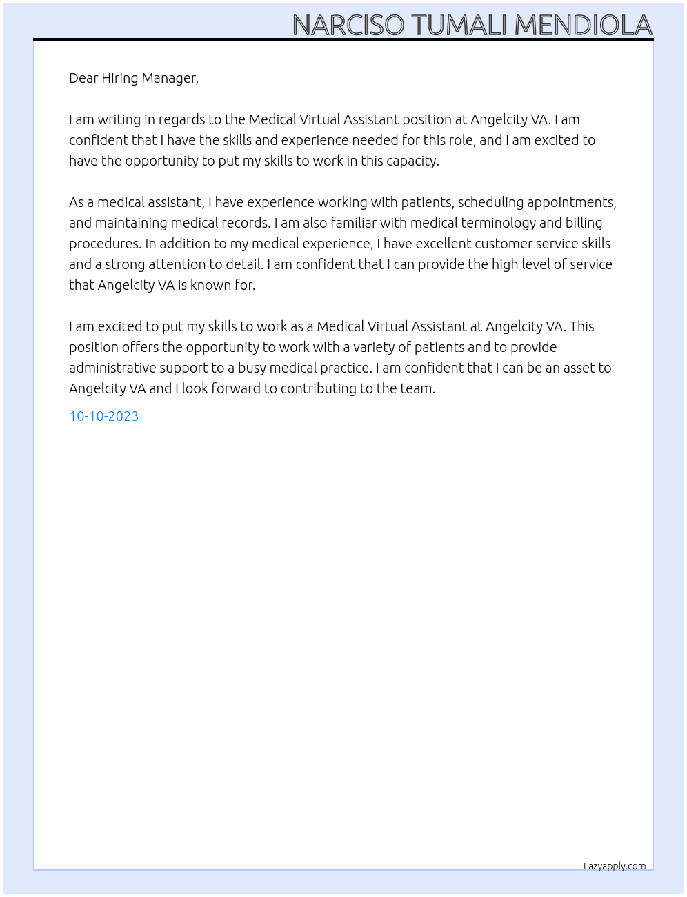 Medical Virtual Assistant At Angelcity VA Cover Letter