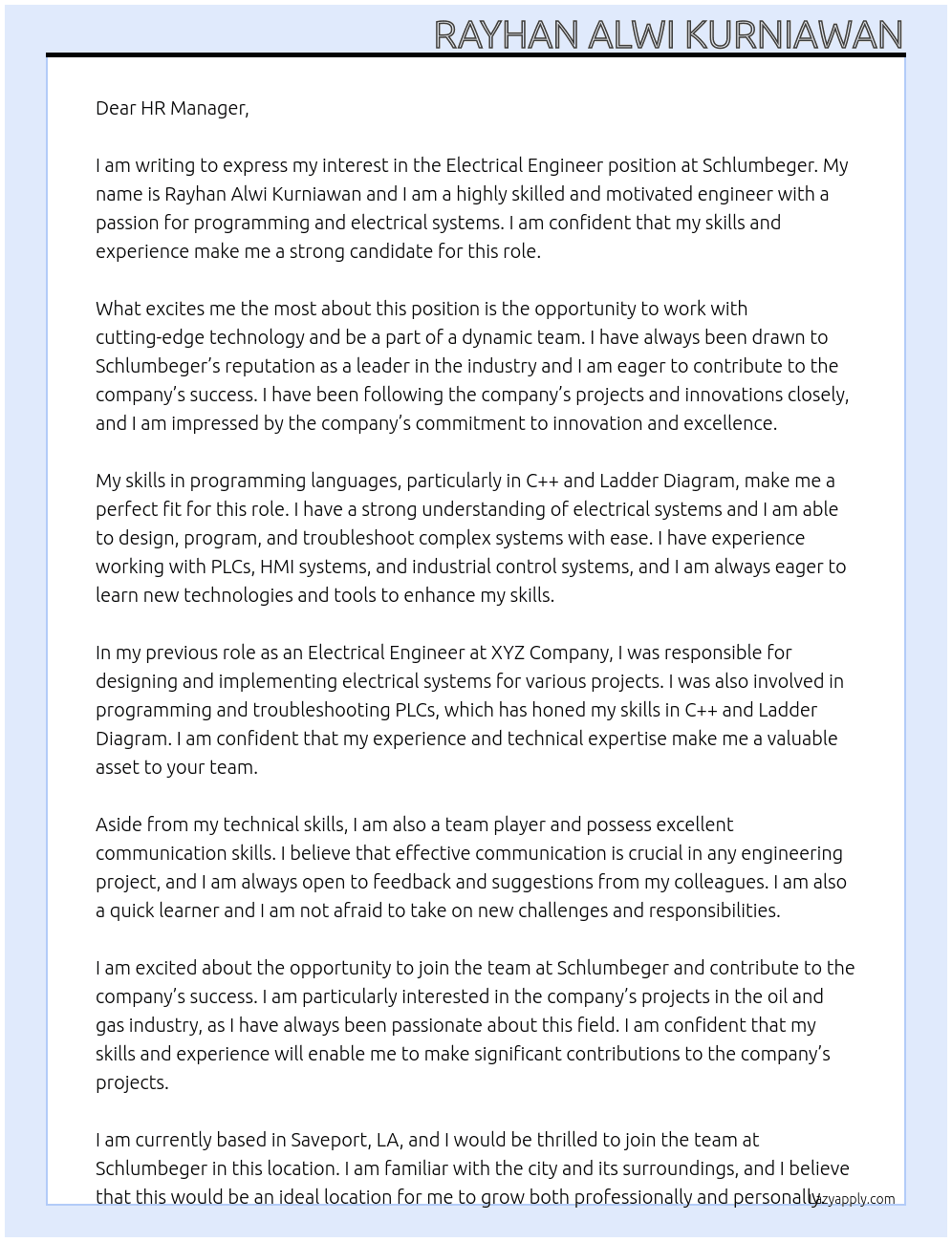 Electrical Engineer At Schlumbeger Cover Letter