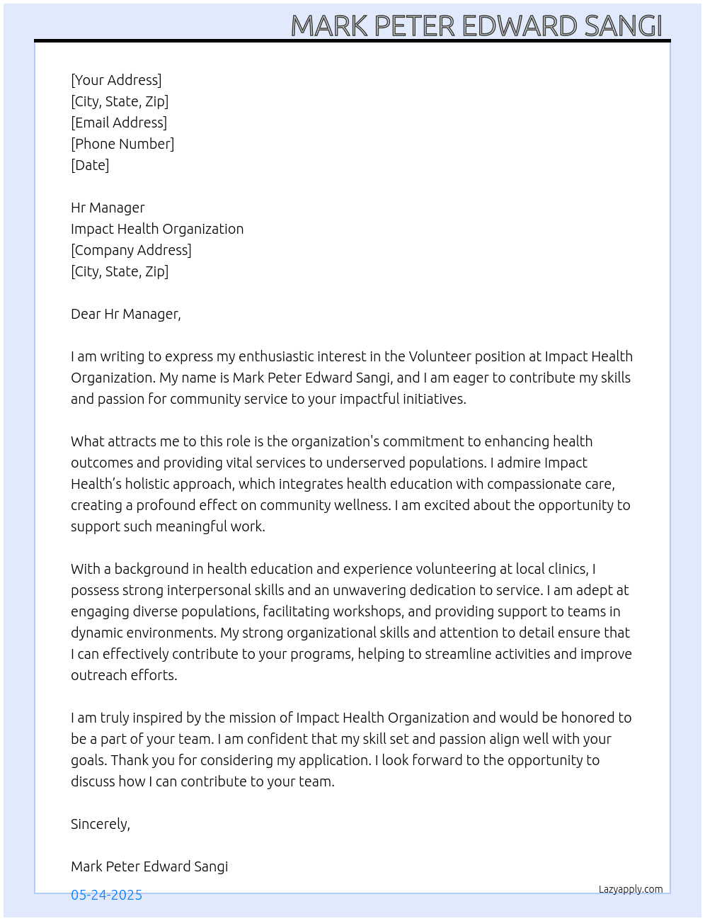 Volunteer  At Impact health organization  Cover Letter