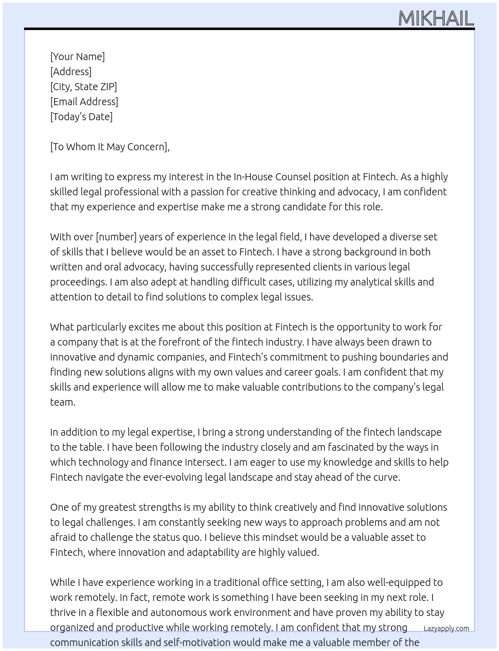 in-house counsel At Fintech Cover Letter