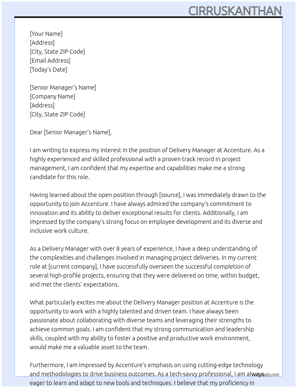 Delivery Manager At Accenture Cover Letter