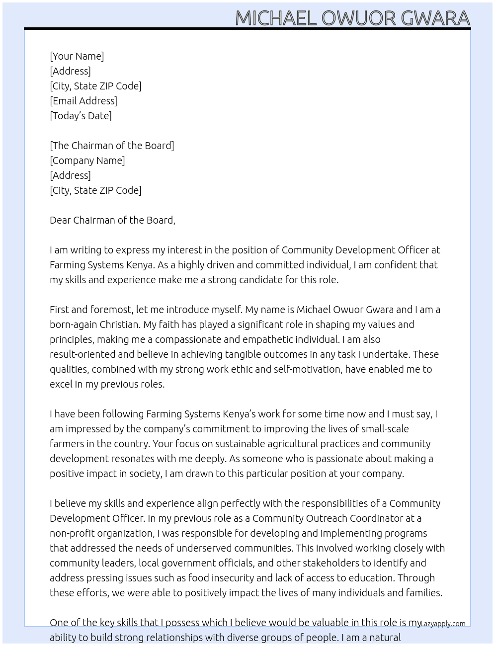 Community Development Officer At Farming Systems Kenya Cover Letter