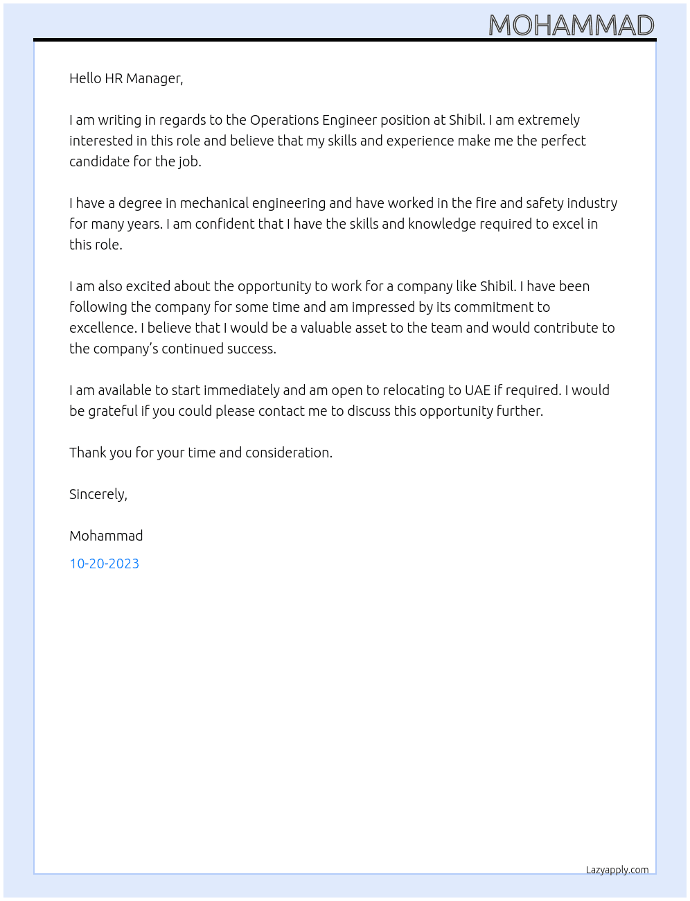 Operation Engineer At Shibil Cover Letter