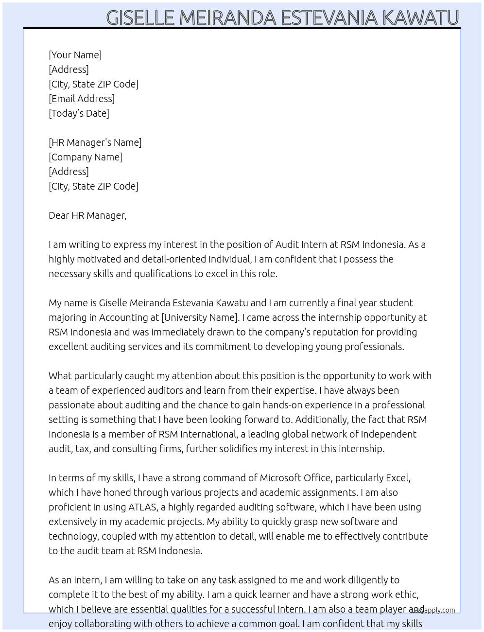 Audit Intern At RSM Indonesia Cover Letter