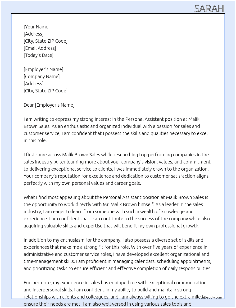 Personal Assistant at Malik Brown Sales At Malik Brown Sales Cover Letter