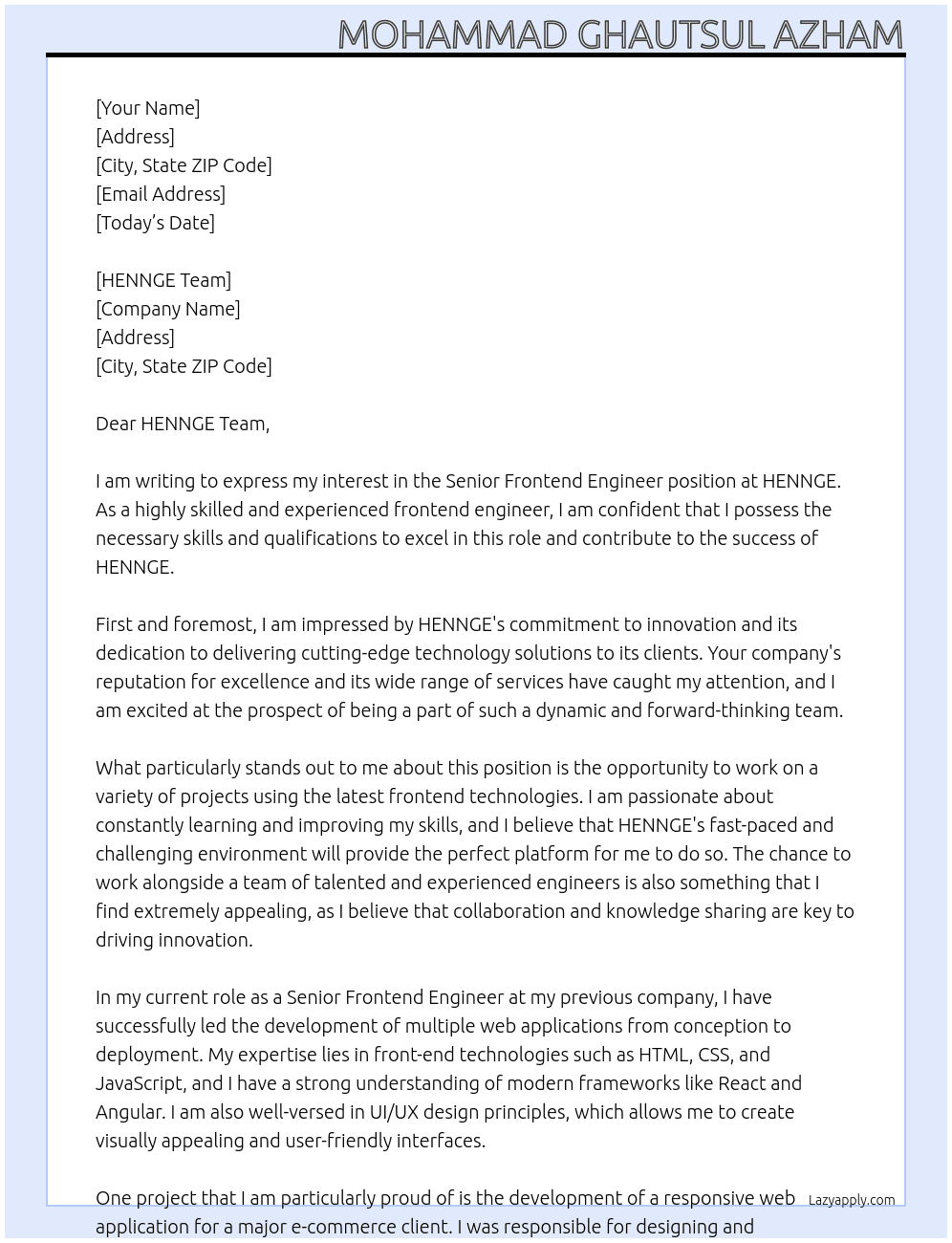 Senior Frontend Engineer At HENNGE Cover Letter