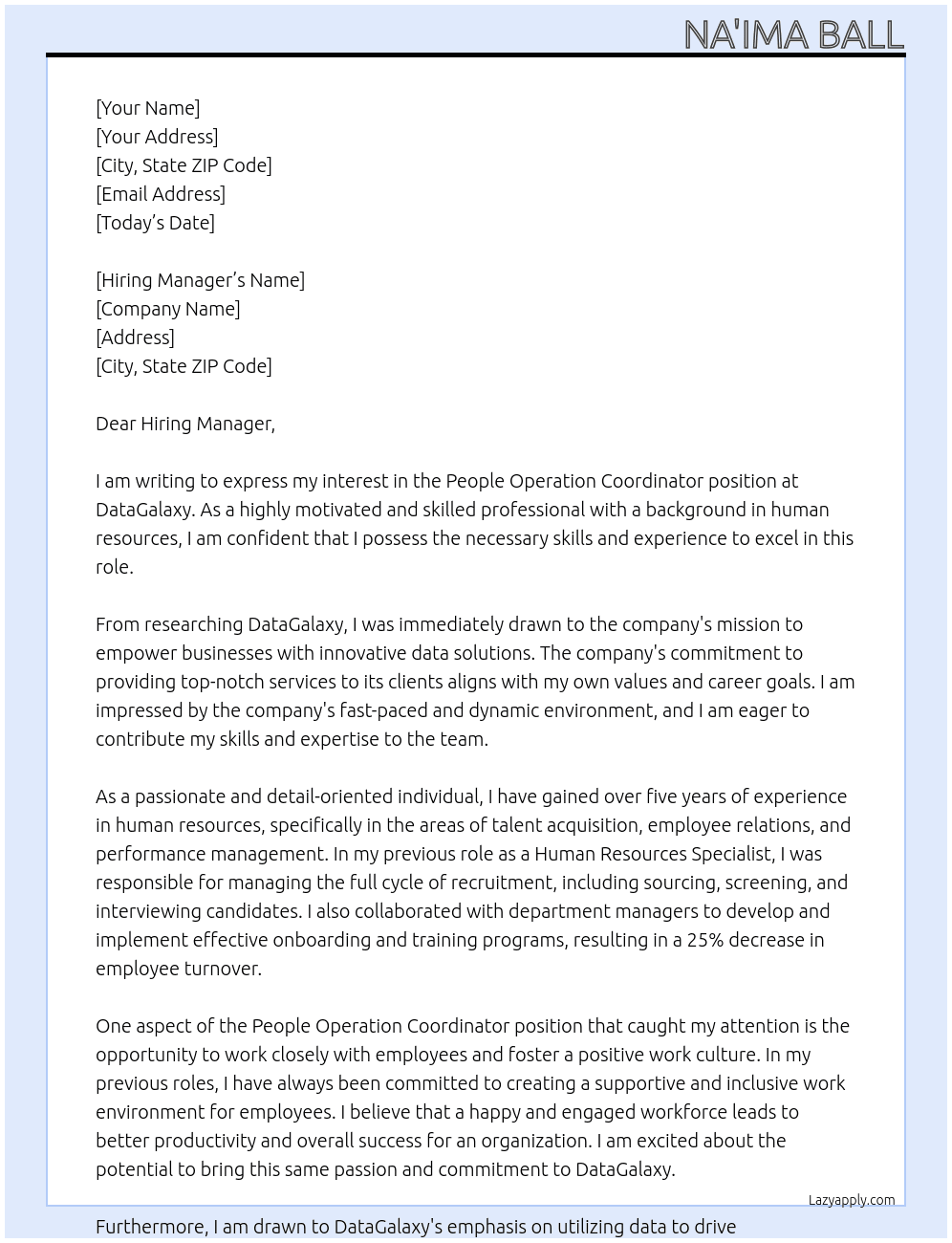 Peoples Operation Coordinator At DataGalaxy Cover Letter
