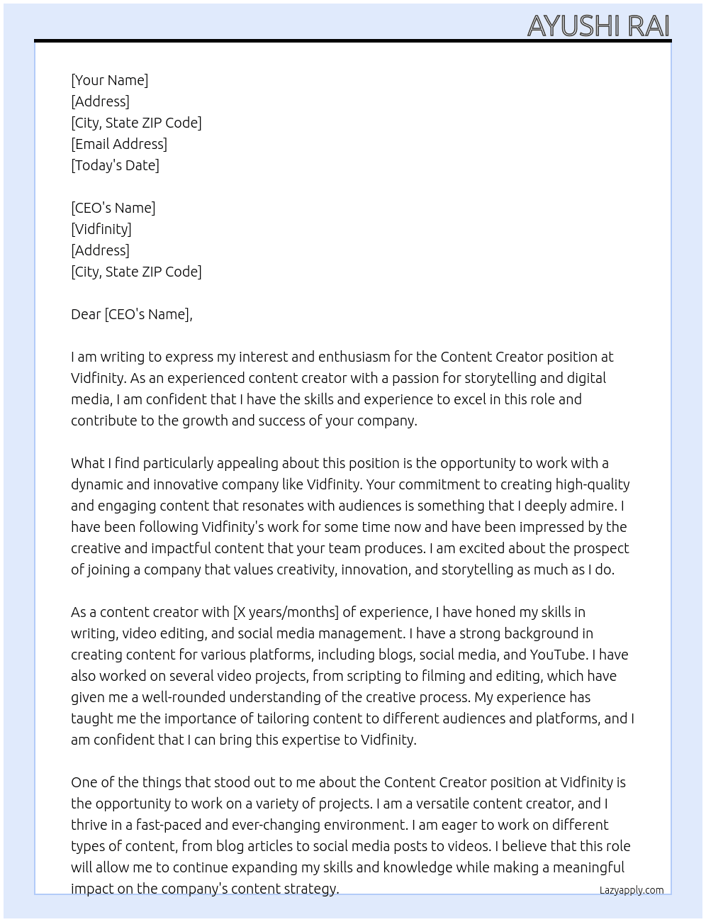 Content creator At Vidfinity Cover Letter