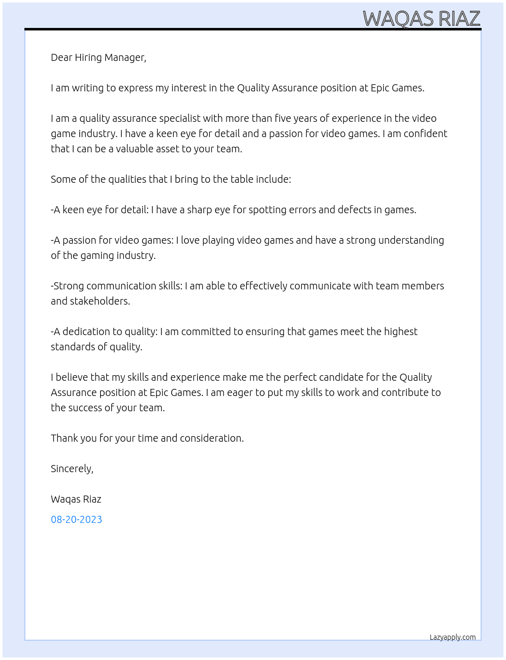 QA At Epic Games Cover Letter