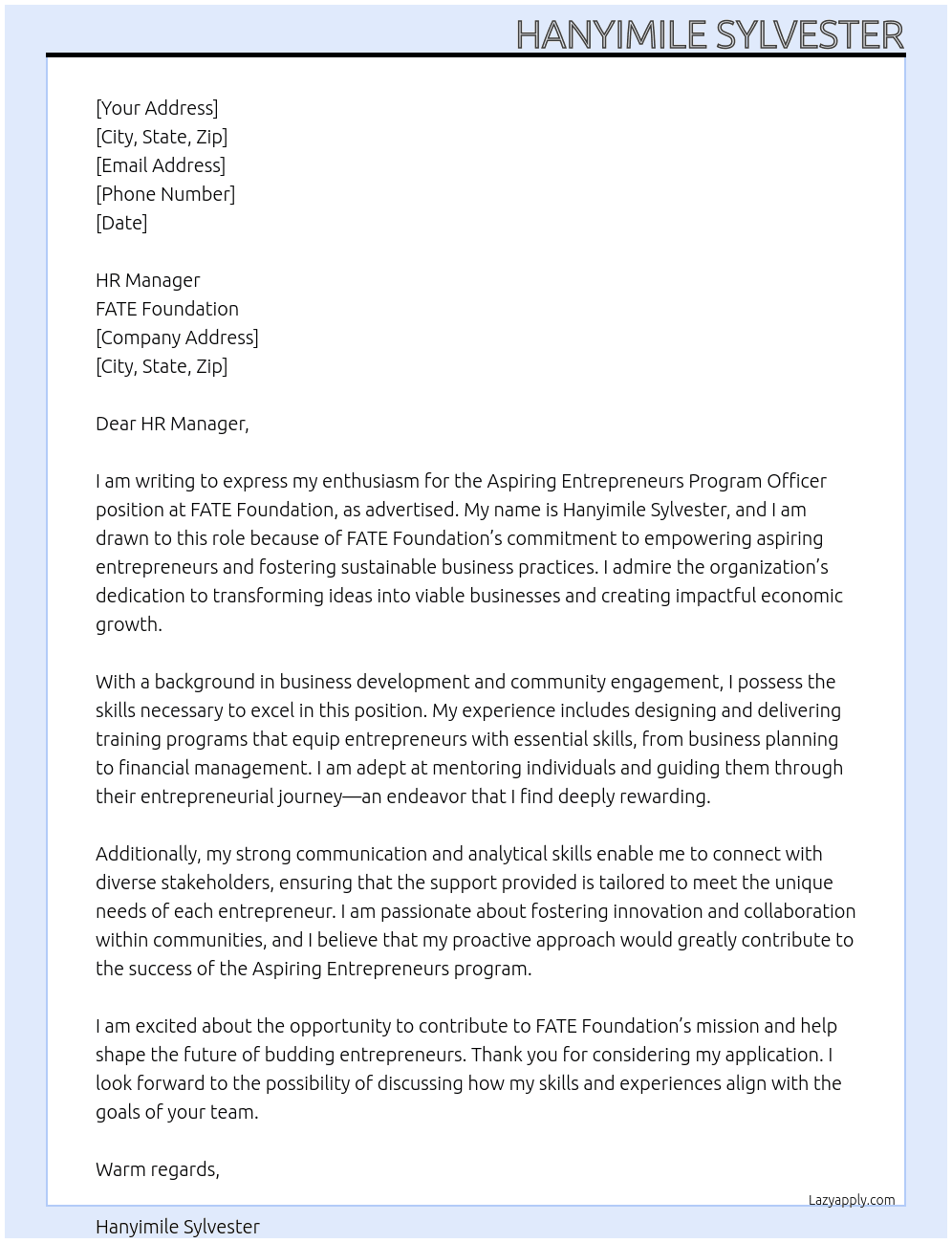 Aspiring entrepreneurs program officer At FATE Foundation  Cover Letter