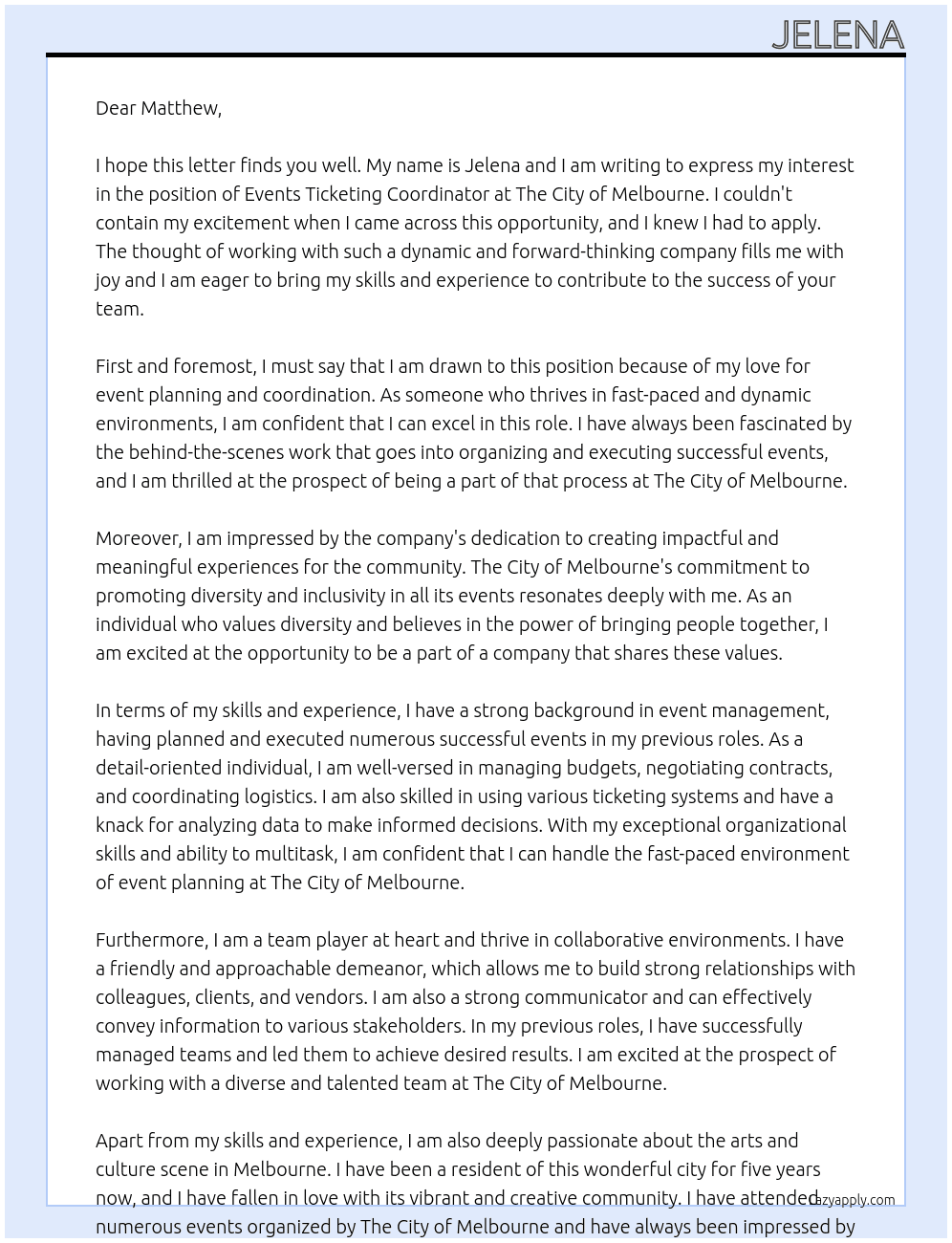 Events Ticketing Coordinator At The City of Melbourne Cover Letter