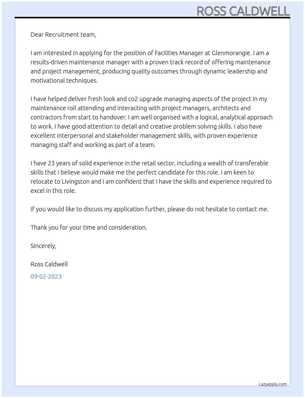Facilities manager At Glenmorangie  Cover Letter