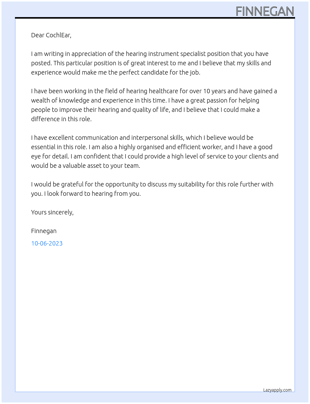 Hearing Instrument Specialist At CochlEar Cover Letter