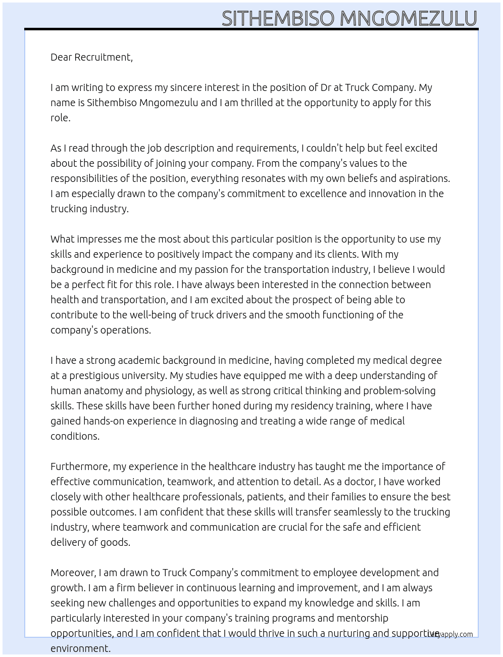 Dr At Truck Company Cover Letter