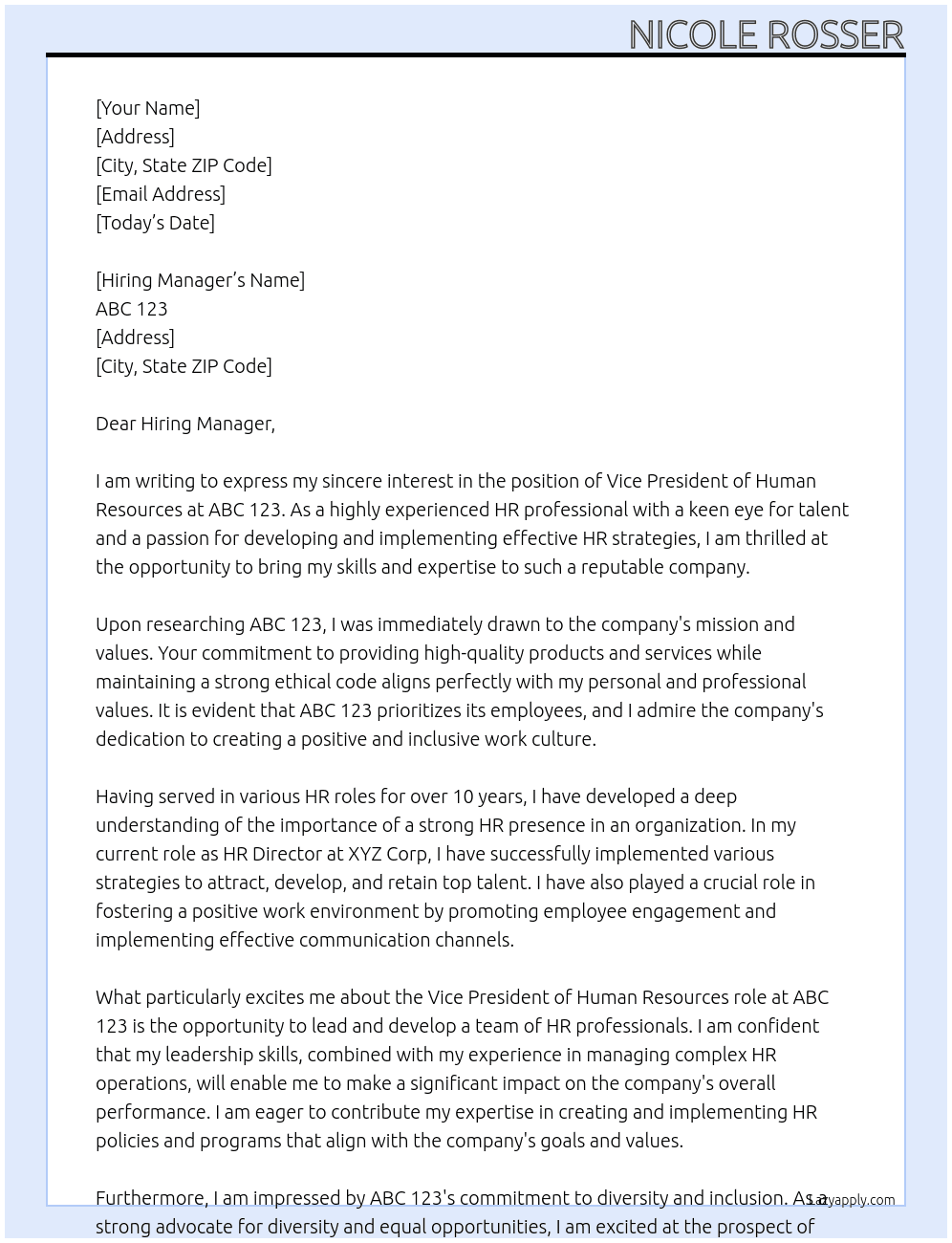 Vice president of human resources At ABC 123 Cover Letter