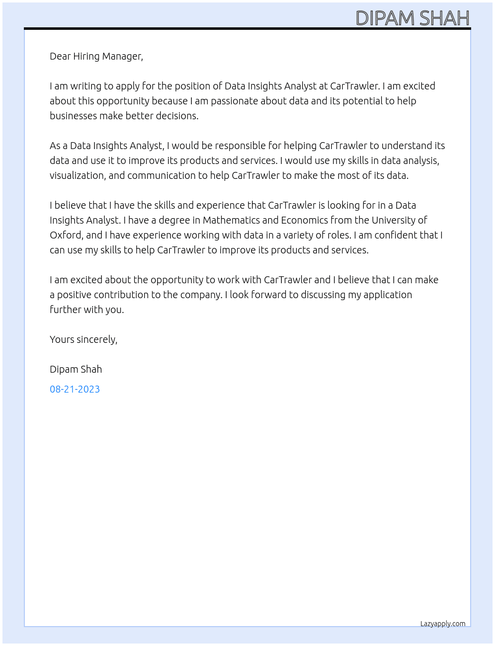 Data Insights Analyst At CarTrawler Cover Letter
