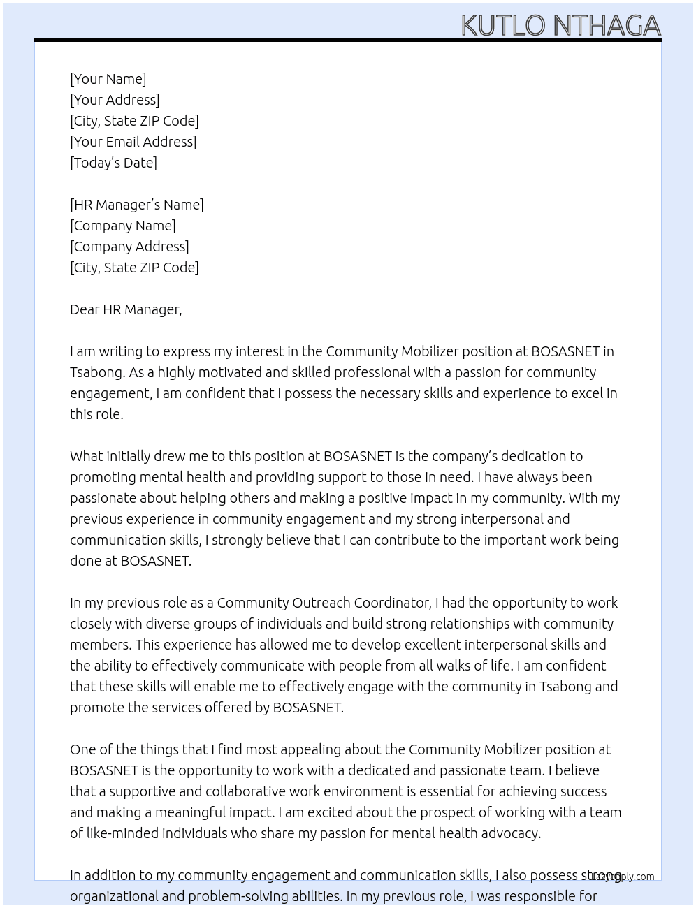 Community Mobilizer At BOSASNET Cover Letter