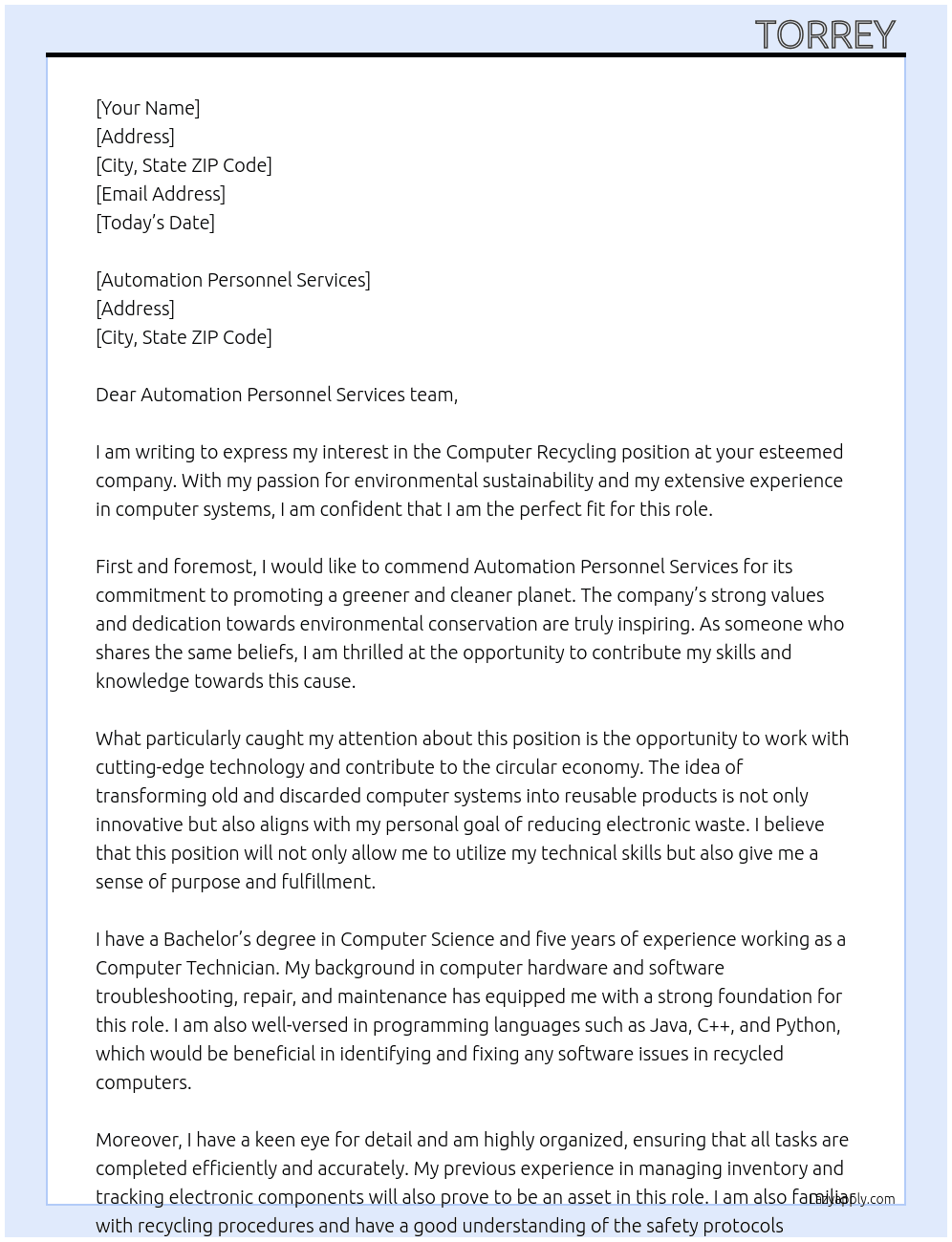 Computer recycling  At Automation Personnel Services Cover Letter
