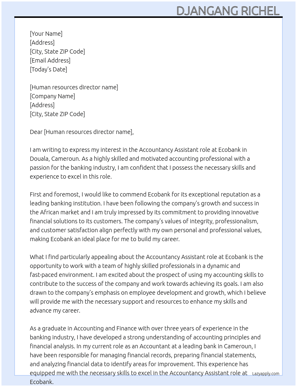 Accountancy  At Ecobank  Cover Letter