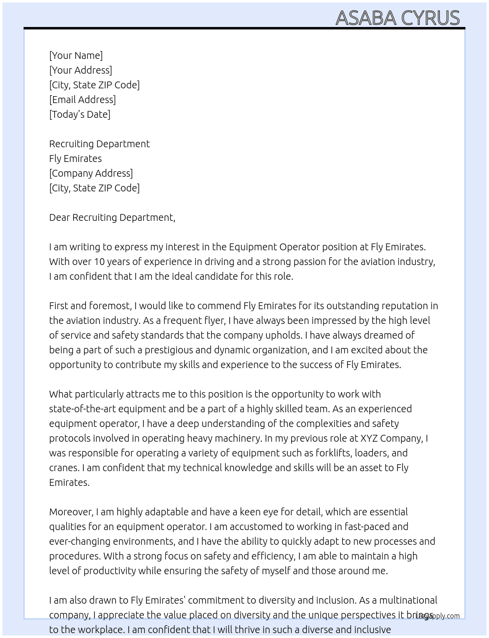 Equipment operator  At Fly Emirates  Cover Letter