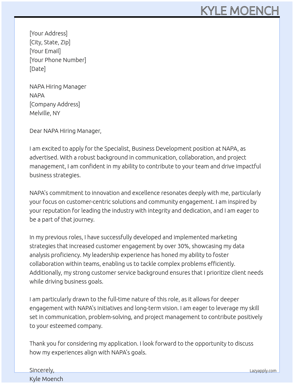 Specialist, Business Development At NAPA Cover Letter