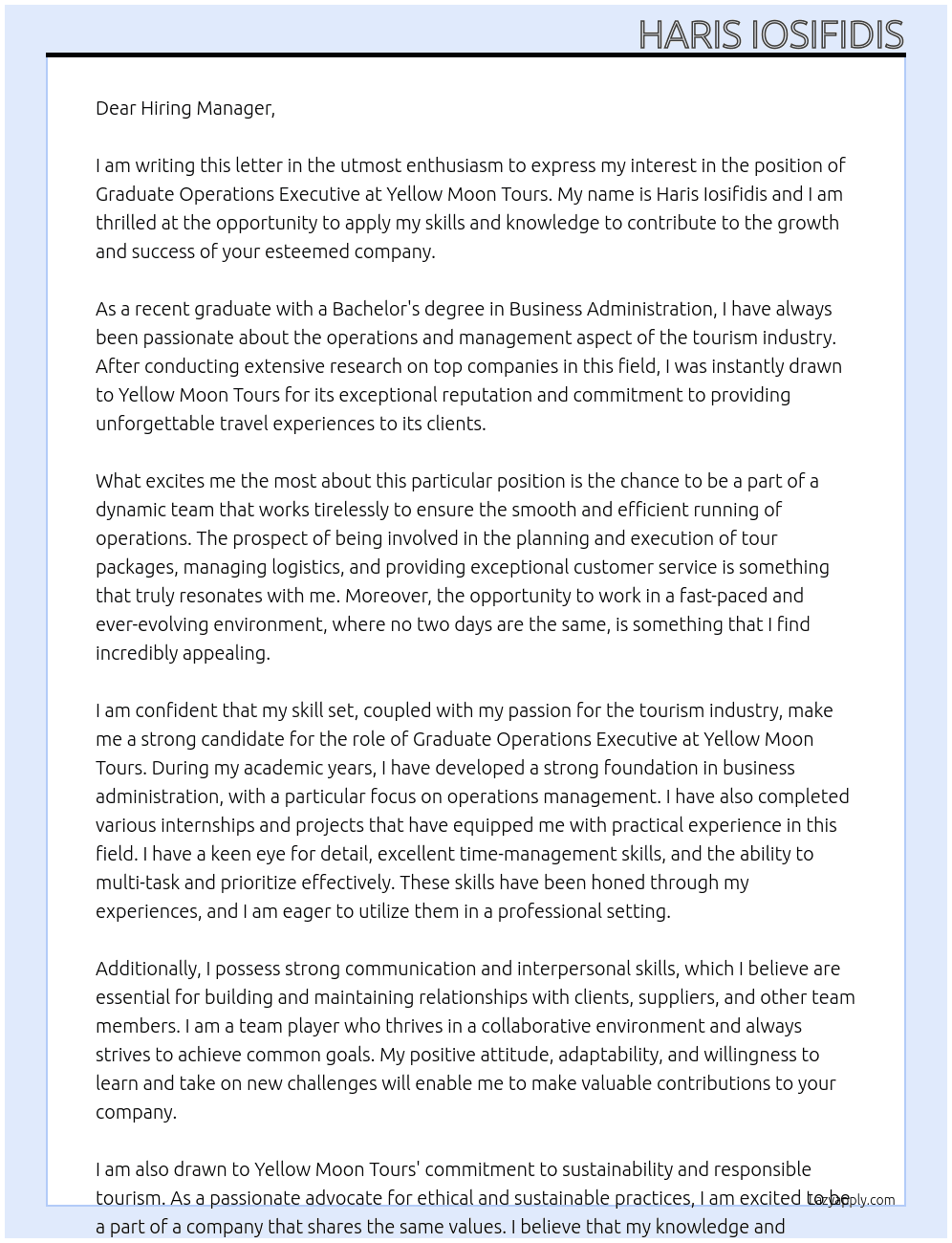 Graduate Operations Executive At Yellow Moon Tours Cover Letter