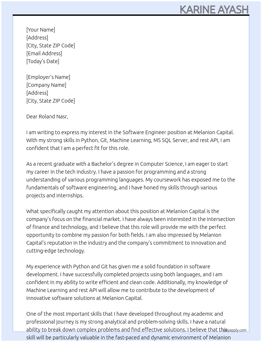 software engineer  At Melanion Capital Cover Letter