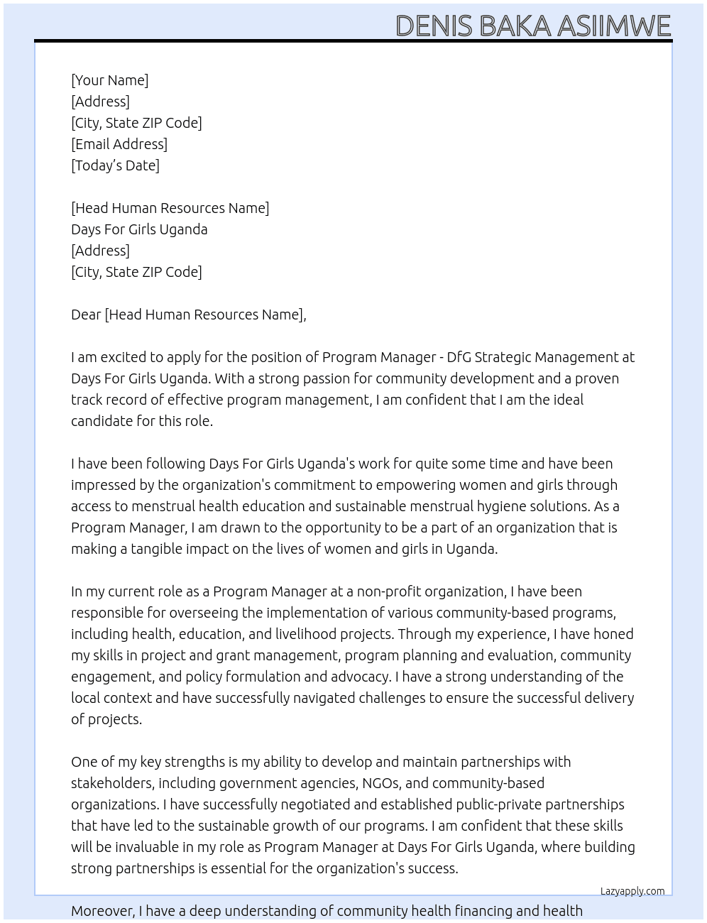 Program Manager - DfG  strategic management At Days For Girls Uganda Cover Letter
