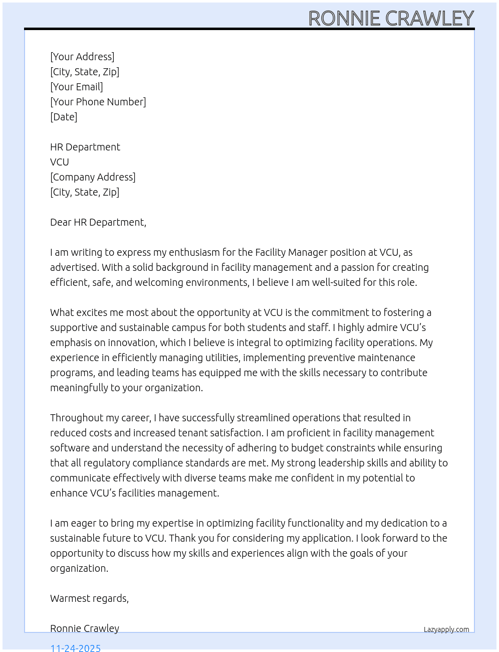 Facility Manager At VCU Cover Letter