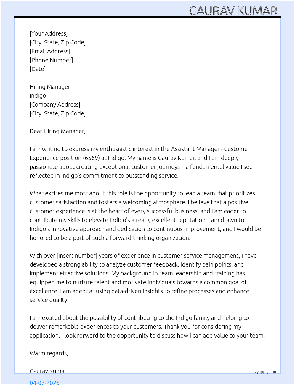 Cover letter for assistant manager -- customer experience,, 6569 - LazyApply