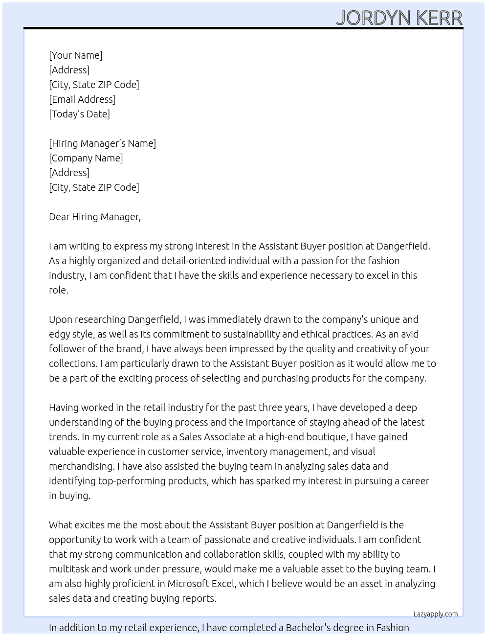 Assistant Buyer At Dangerfield Cover Letter