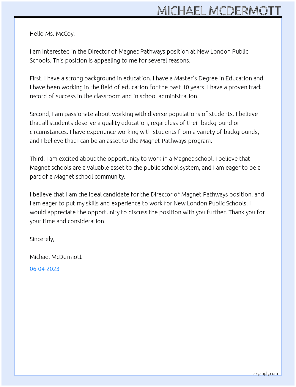 Director of Magnet Pathways At New London Public schools Cover Letter