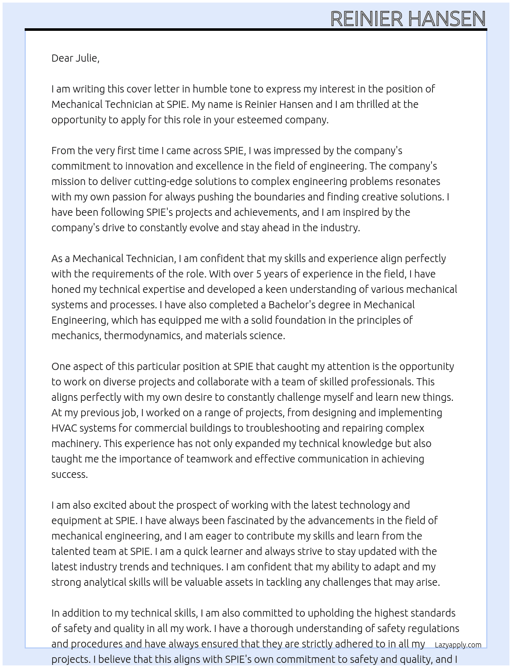 Mechanical Technician  At SPIE Cover Letter
