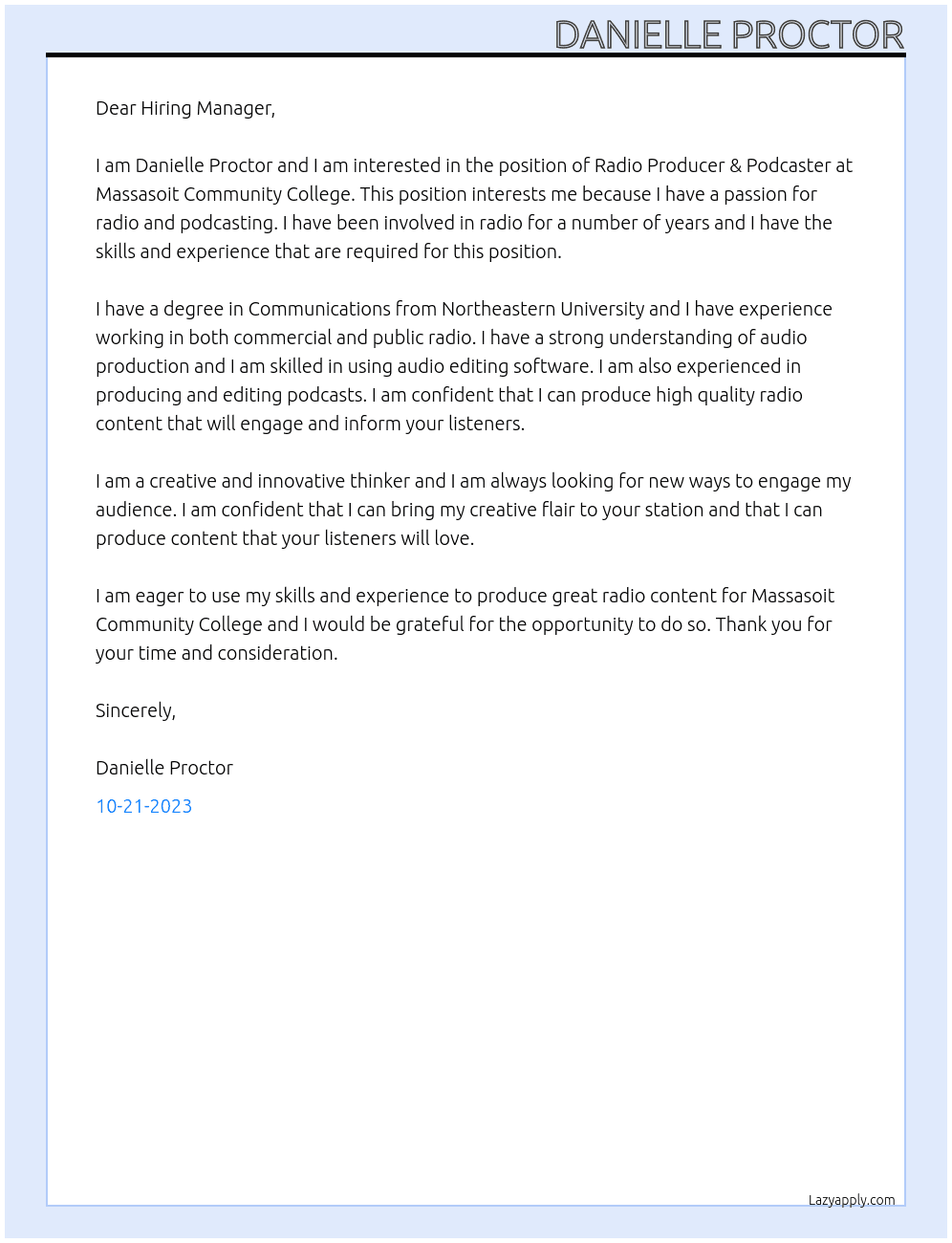 Radio Producer & Podcaster At Massasoit Community College Cover Letter