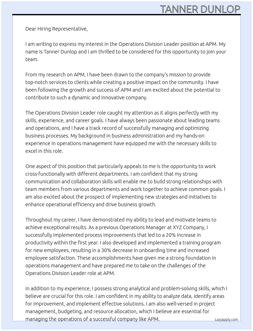 operations division leader At APM Cover Letter