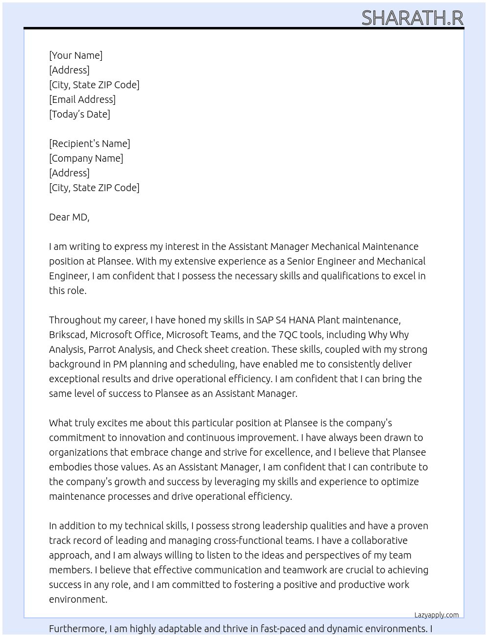 Assistant Manager Mechanical Maintenance  At Plansee  Cover Letter
