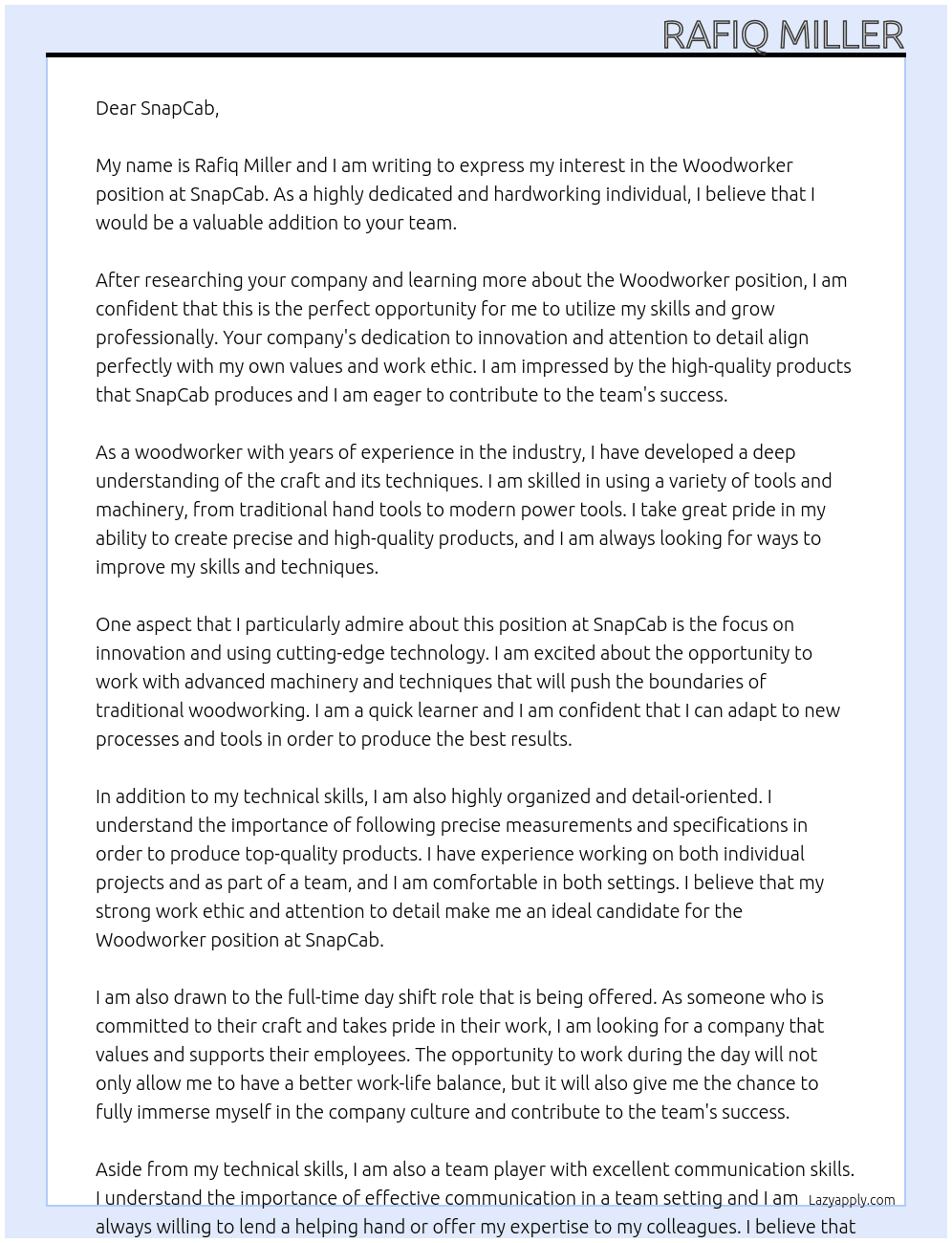 Woodworker At SnapCab  Cover Letter