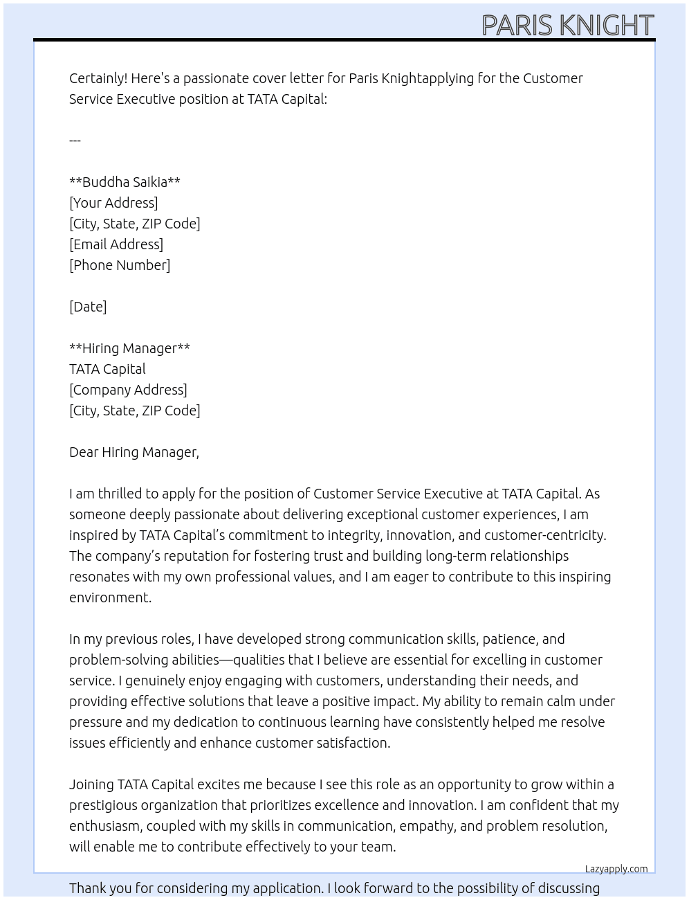 Cover letter for customer service executive - LazyApply