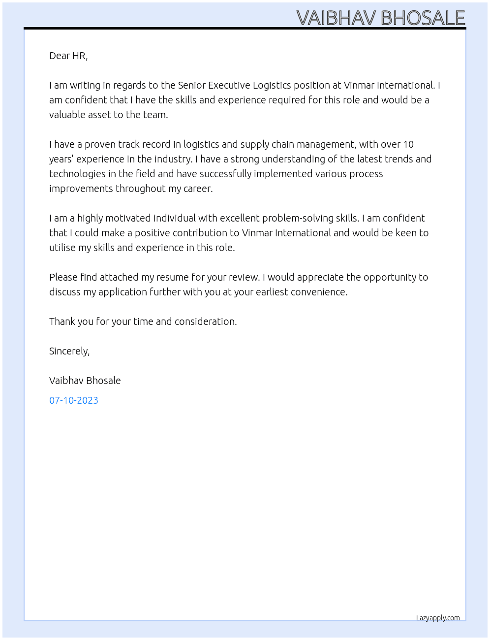 Senior Executive Logistics At vinmar international Cover Letter