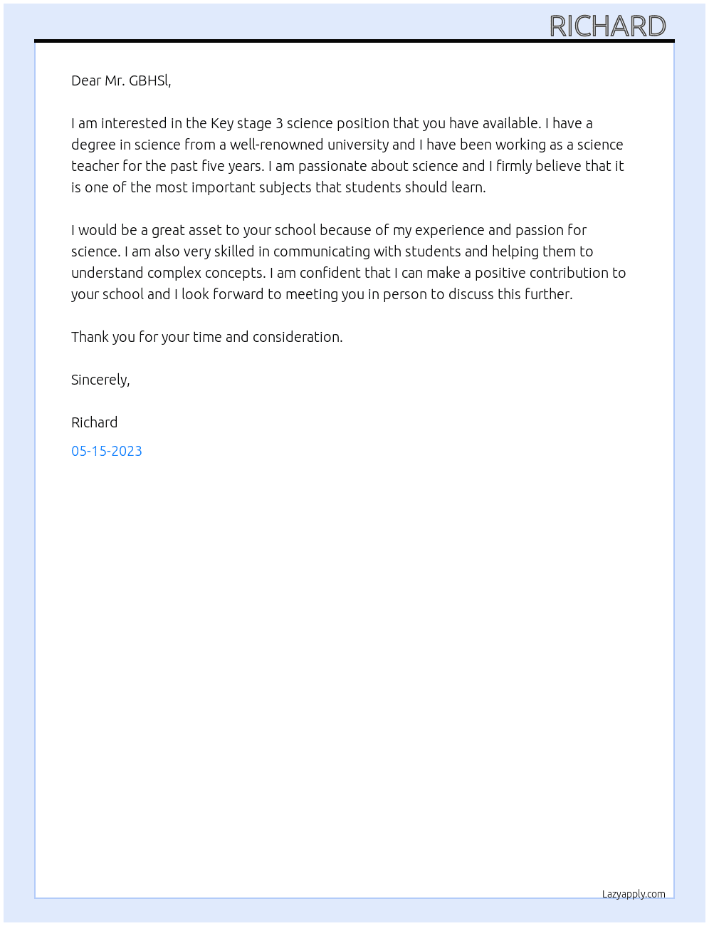 Key stage 3 science At GBHSl Cover Letter